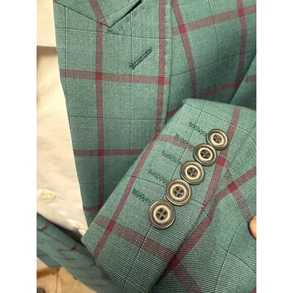 Statement Italy Confidence Blazer Mens 42L Green Windowpane Plaid Wool Two Btn